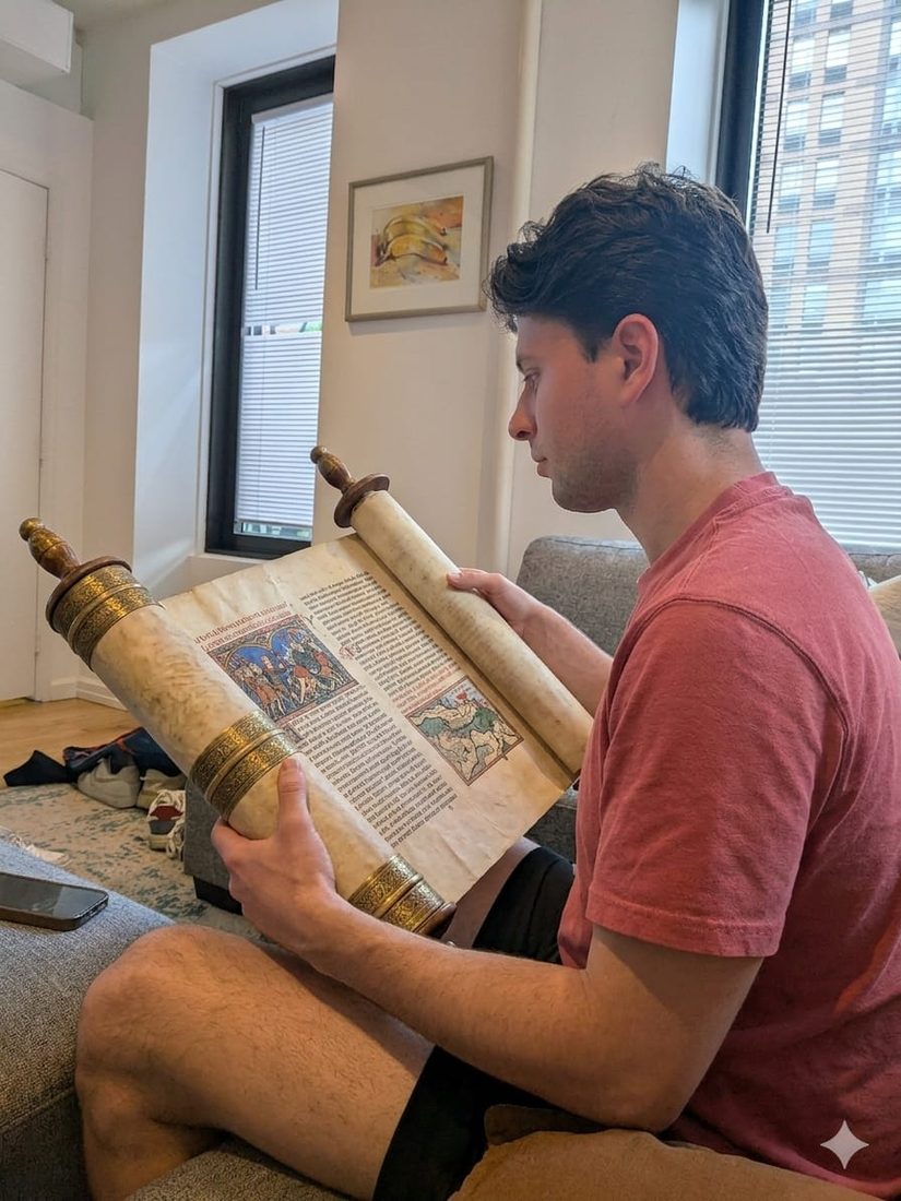 Reading an illuminated manuscript scroll on the couch